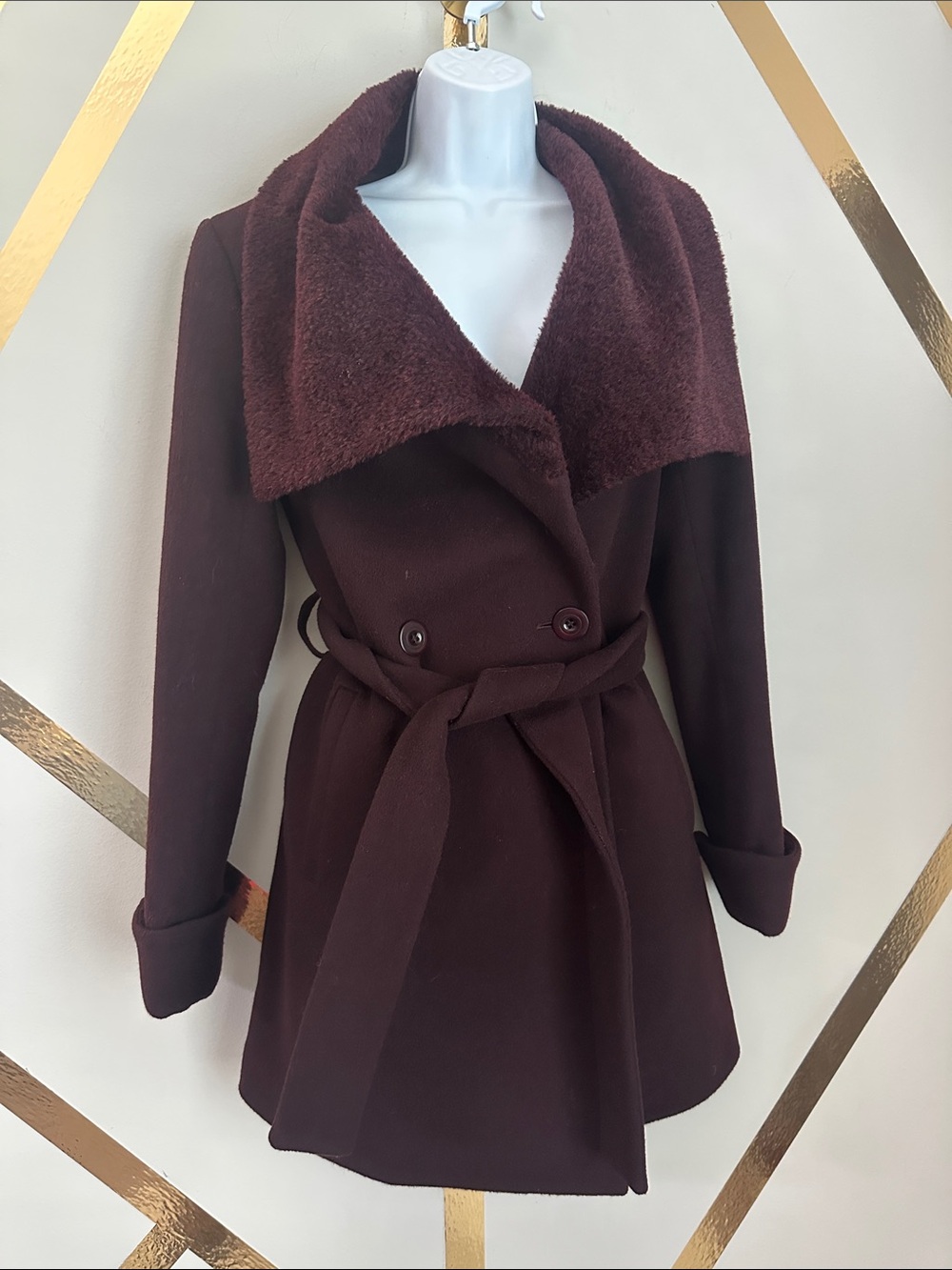 Trina Turk Burgundy Double-Breasted Belted Pea Coat